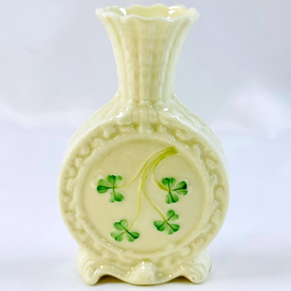 Belleek Ireland Shamrock Parian Round Weave Bud Vase Scent Spill Green 6th Mark